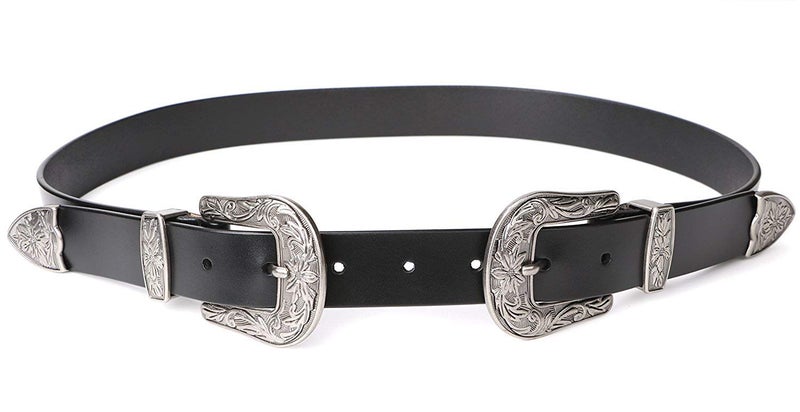 JASGOOD Double Buckle Western Belts For Woman Cowgirl Country Belt Vintage Black Leather Belt For Jeans Pants Dresses - Image 1